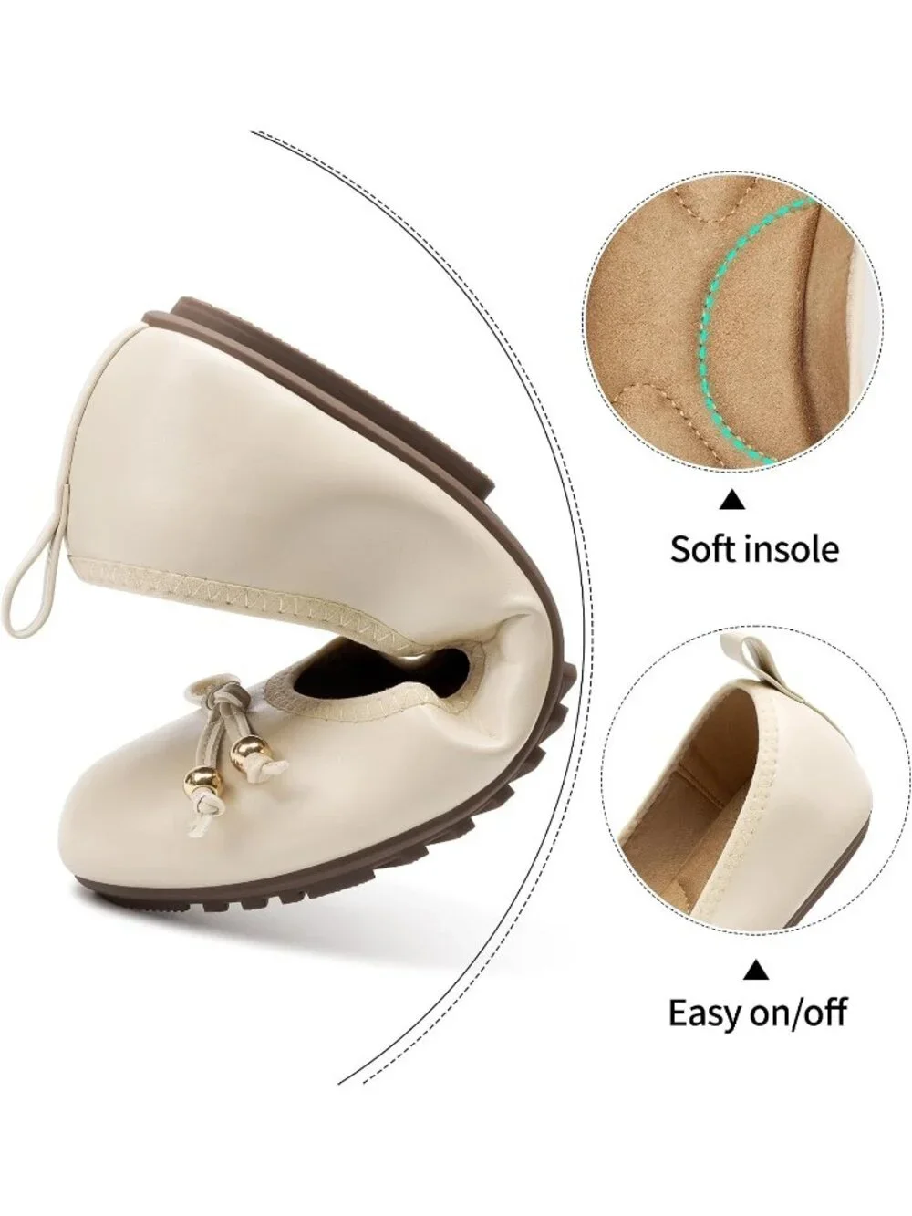 Women's Beige PU Leather Round Toe Ballet Flats Slip-On Cushioned Comfort Shoes